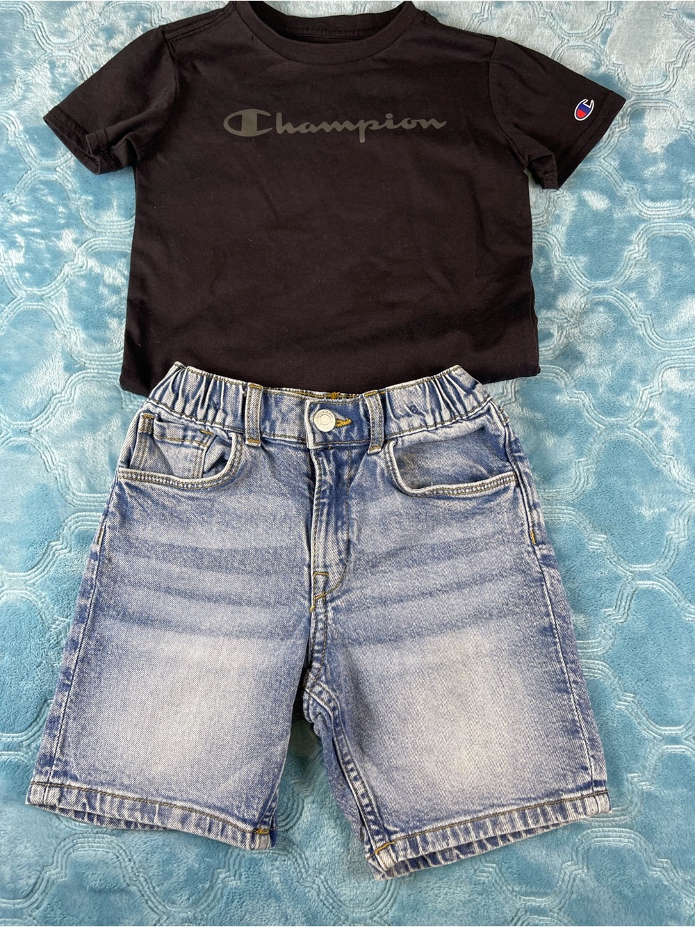 H&M Black Tee and Light Blue Denim Shorts Kids Matching Set